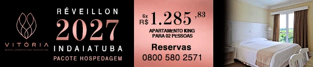 Anúncio do Réveillon 2027 em Vitória, Indaiatuba, com informações de pacote hospedagem e reservas: 0800 580 2571 e valores a partir de R$ 1.285,83 para 2 pessoas.