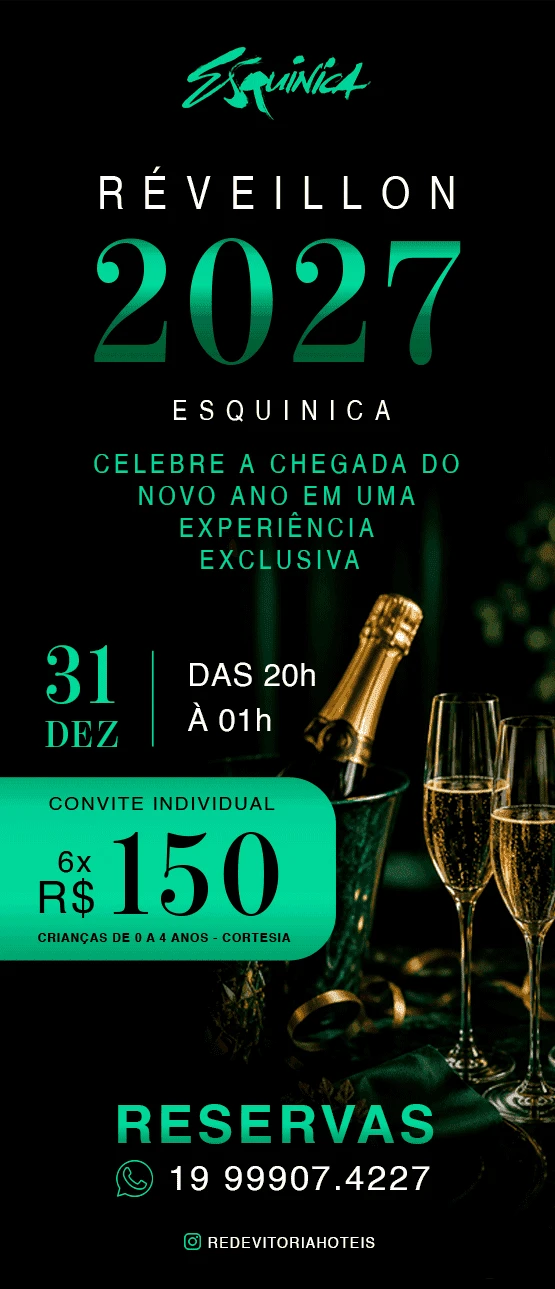 Arte promocional do Réveillon 2027 Esquine Esquinca, com brinde em destaque e informações de data 31 de dezembro, horário das 20h à 1h e reservas para a noite.