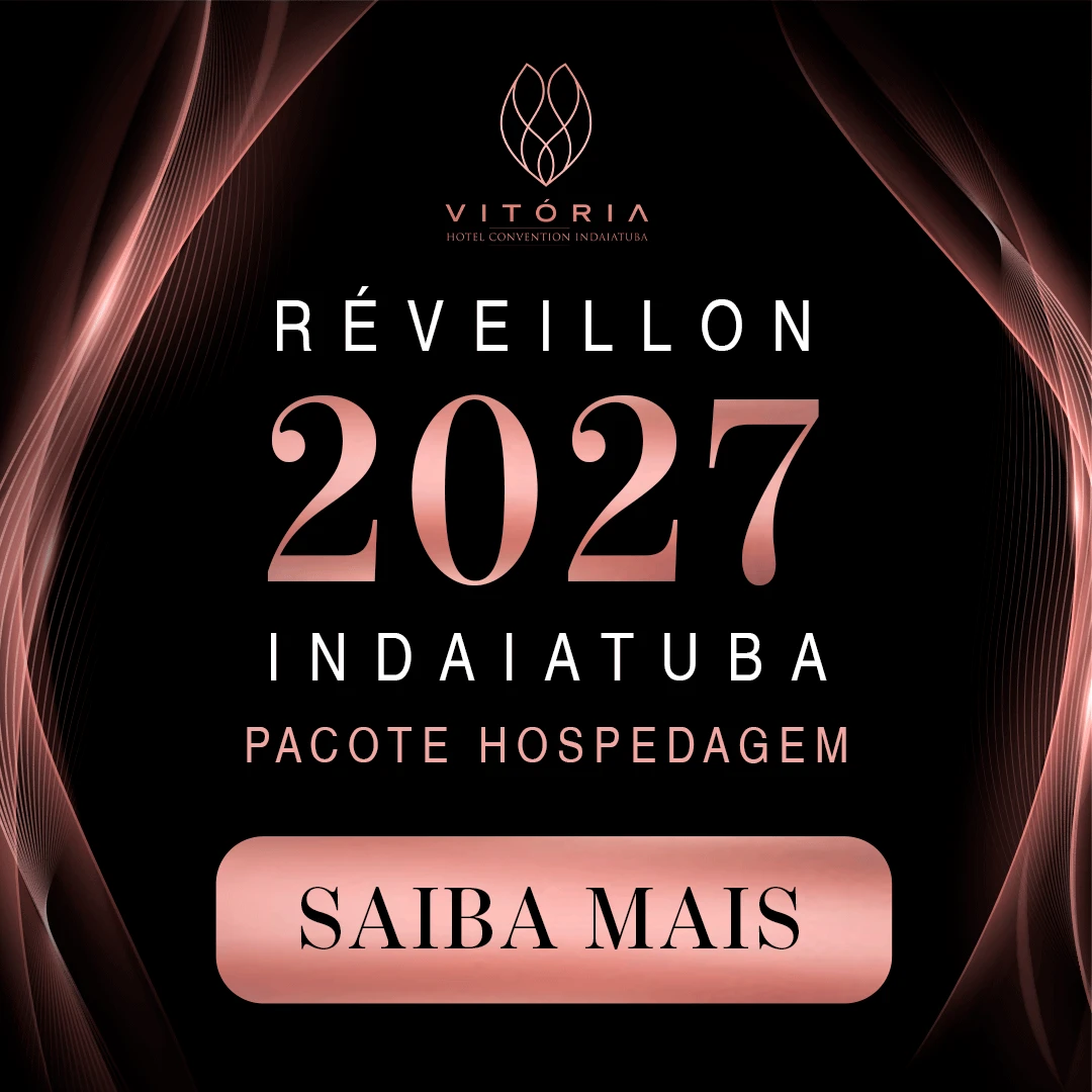Arte do evento Réveillon 2027 no hotel Vitória, em Indaiatuba, com texto “Saiba mais” e logotipo do hotel.