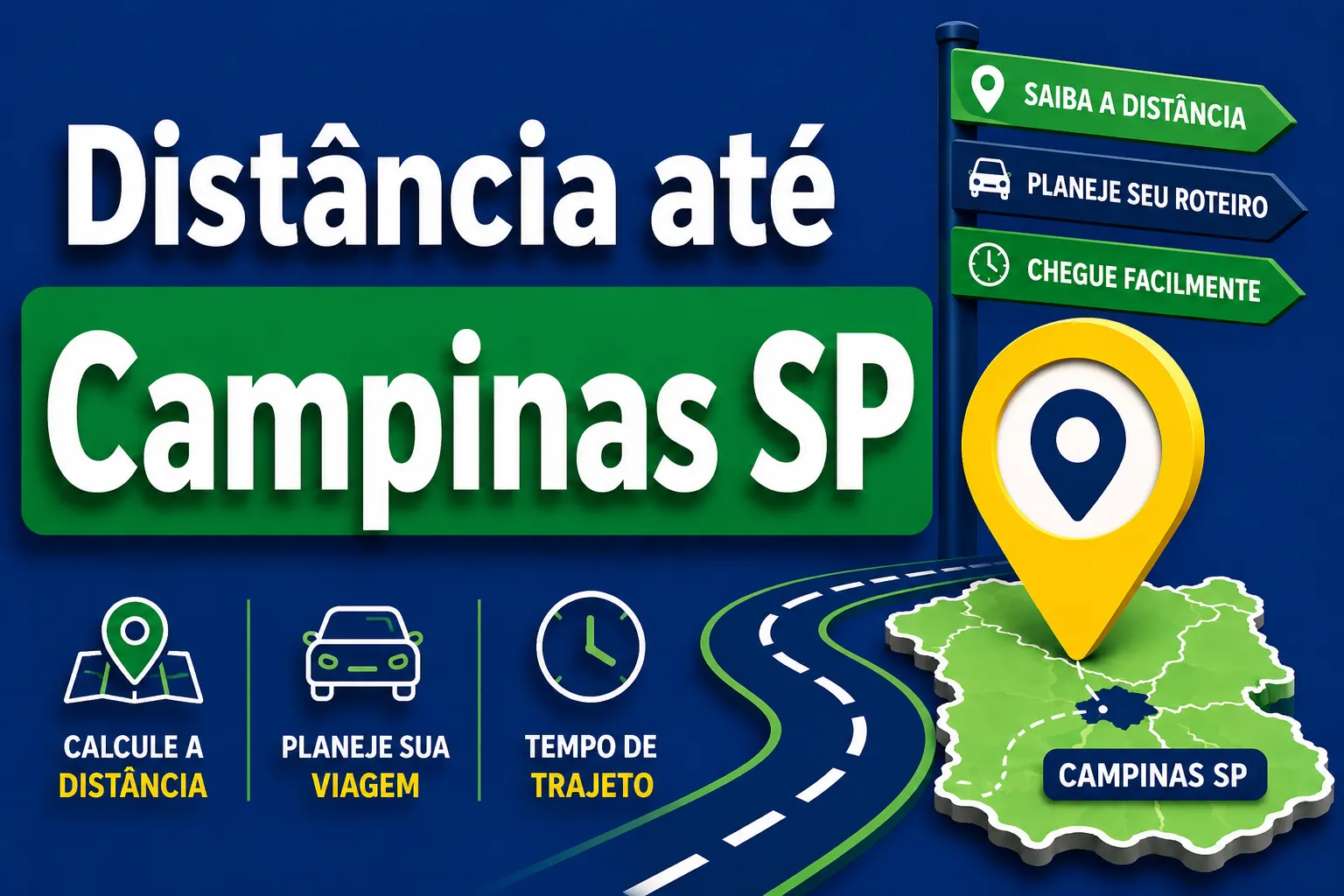 Banner informativo com o texto “Distância até Campinas SP”, botões para calcular a distância, planejar a viagem e ver o tempo de trajeto, além de mapa do estado com o destino “Campinas SP”.