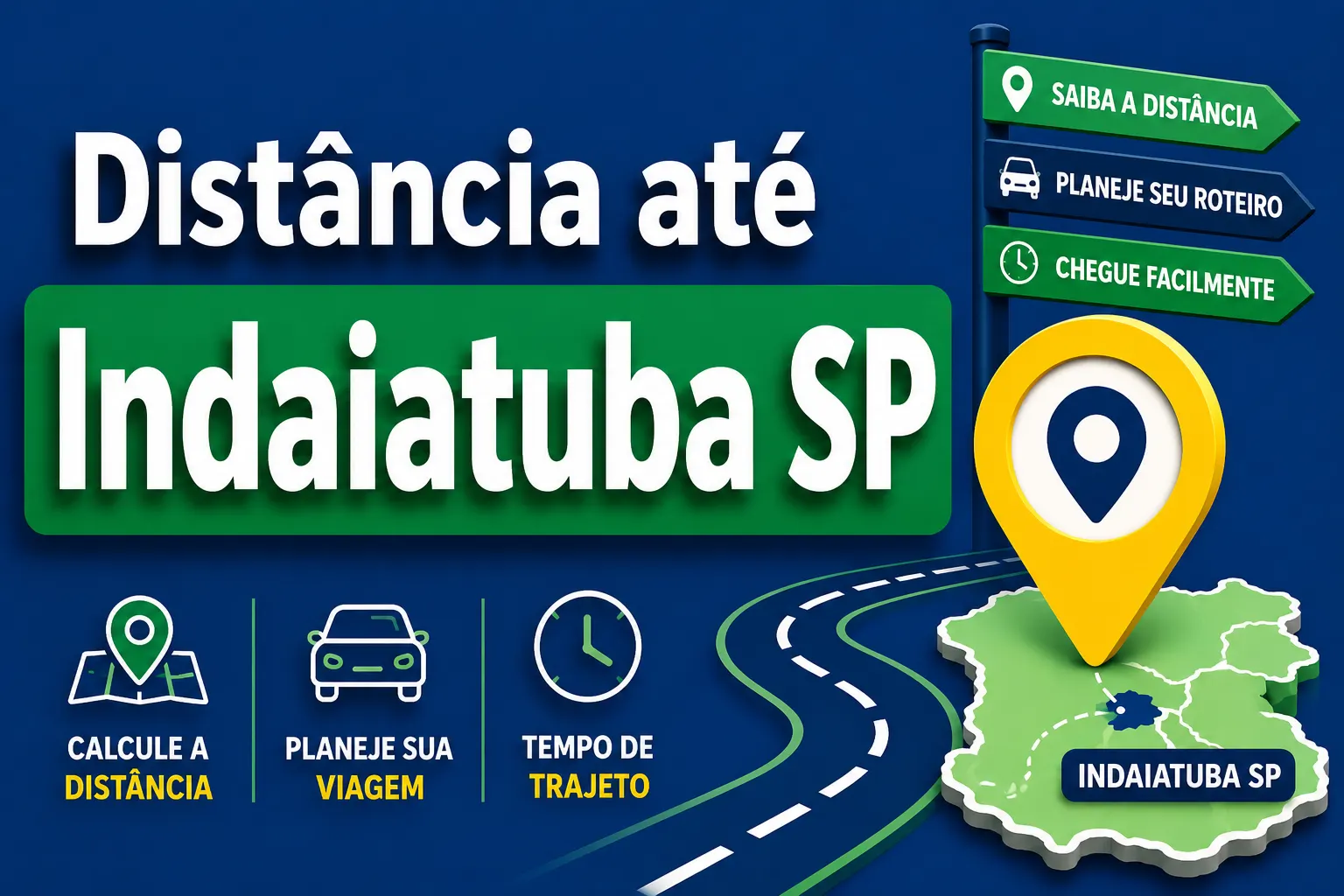 Banner de marketing com o texto “Distância até Indaiatuba SP”, destacando dicas para calcular rota e tempo de viagem, com mapa e marcador de localização na cidade.