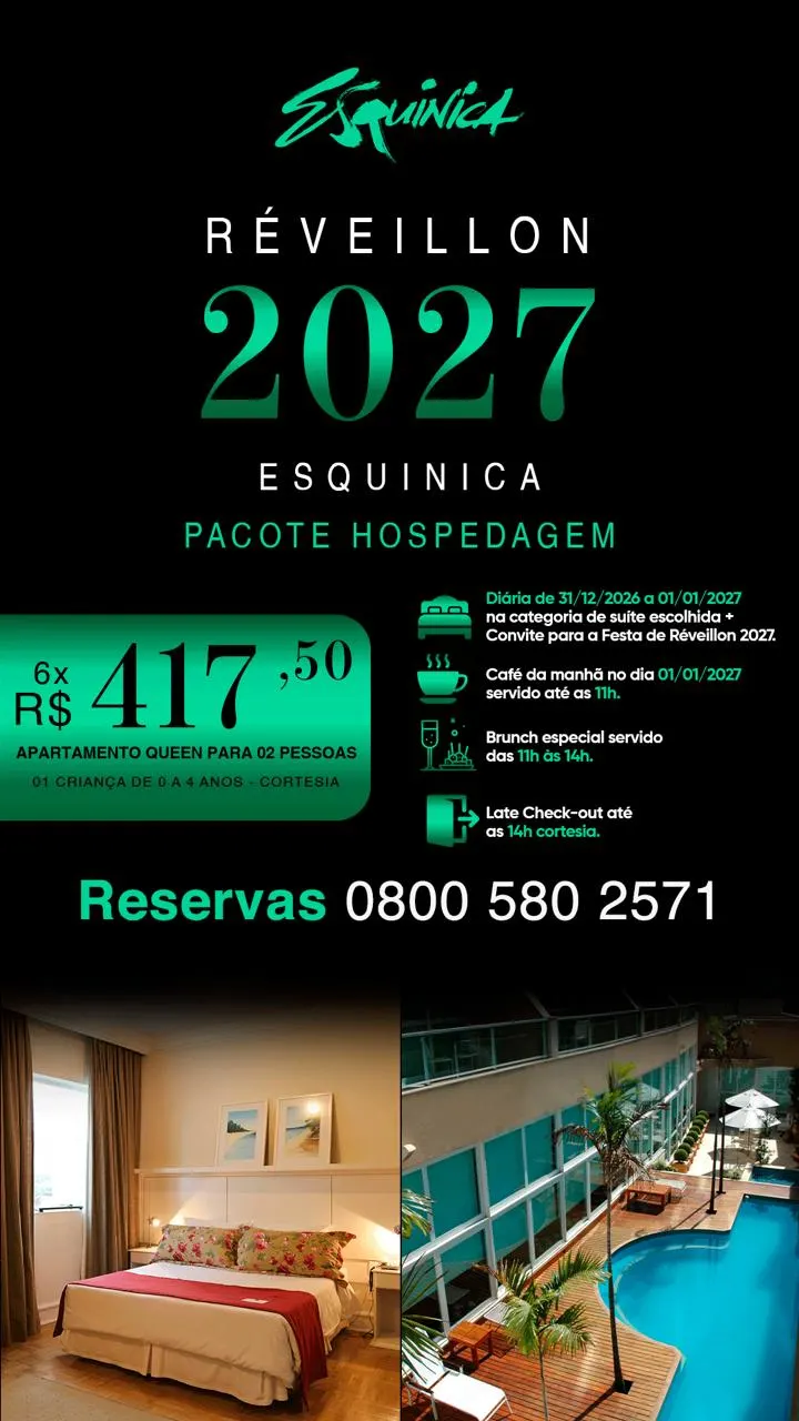 Banner da Pousada Sputnick com oferta de Réveillon 2027: pacote de hospedagem única, diárias, atividades e café, brunch e late check-out, com apartamentos para 2 pessoas e valor a partir de R$ 417,50; reservas 0800 580 2571.