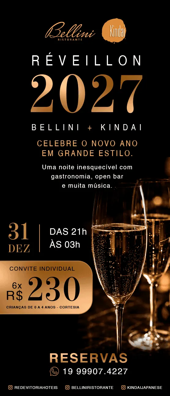 Cartaz do Réveillon 2027 do restaurante Bellini, com anúncio de celebração de Ano Novo no KINDAI, data 31 de dezembro das 21h à 03h, convite individual e brinde com taças de champanhe.
