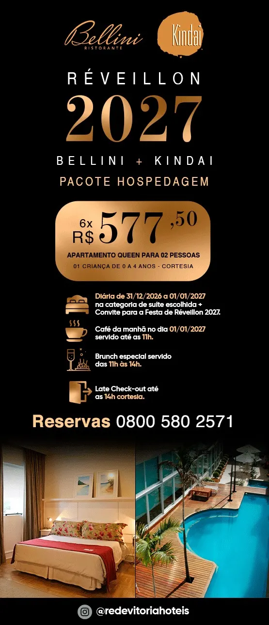 Cartaz de Réveillon 2027 do Bellini Ristorante com pacote de hospedagem Bellini + KIndai, preço de R$ 577,50, detalhes de apartamento queen e programação com café, brunch e late check-out, além de reservas 0800 580 2571.