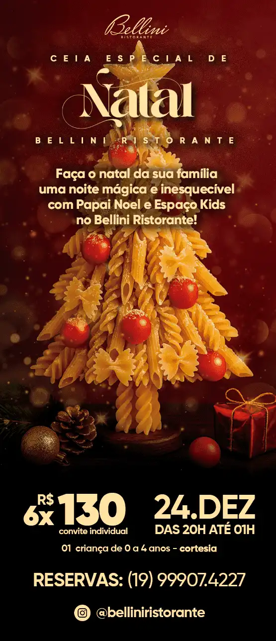 Convite para ceia de Natal no Bellini Ristorante com temática natalina, árvore de massa e decoração festiva, promovendo uma noite especial com a família.