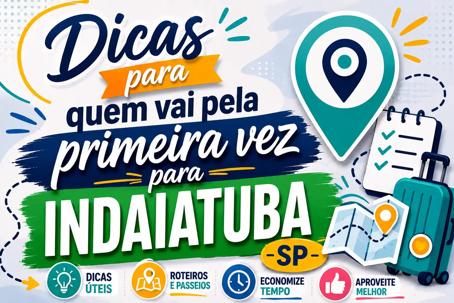 Arte promocional “Dicas para quem vai pela primeira vez para INDAIATUBA-SP”, com ícone de localização e sugestões como dicas úteis, roteiros e economia de tempo.