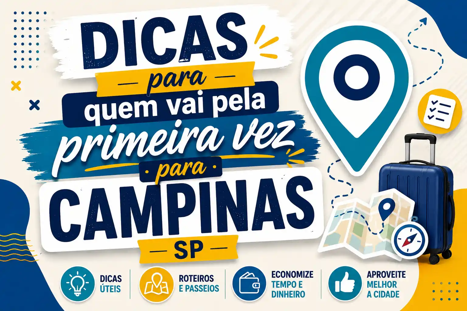 Arte promocional com o texto “Dicas para quem vai pela primeira vez para Campinas SP”, ícones de viagem, mapa e mala com destaque em amarelo, azul e branco.