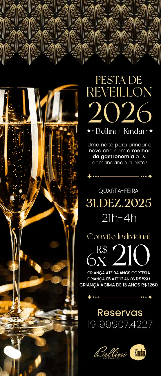 Convite para a Festa de Réveillon 2026 no Bellini e Kindai, incluindo informações sobre data, horário, preço e reservas, com decoração elegante com taças de champagne.