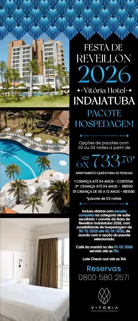 Publicidade para a Festa de Réveillon 2026 no Indaiatuba na Vitória Hotel, com opções de pacotes de hospedagem, apartamentos e detalhes do evento.
