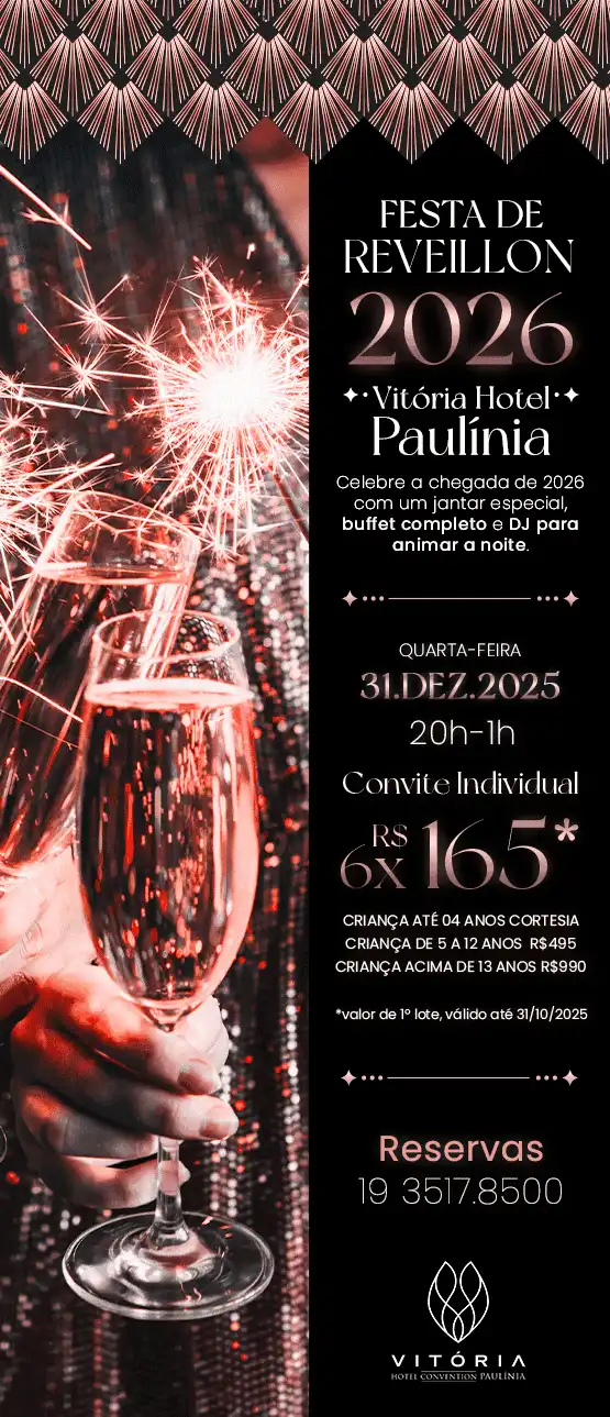 Convite para festa de Réveillon 2026 no Vitória Hotel Paulínia com celebração, jantar, buffet completo e DJ, incluindo detalhes do evento e valores.