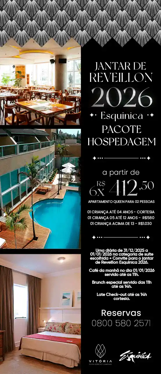 Promoção para o Réveillon 2026 no Esquinica com pacote de hospedagem a partir de R$112,50 por casal em apartamento Queen, com opções de crianças, café da manhã, brunch e late check-out.