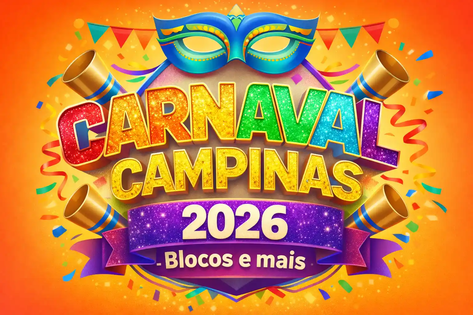 Imagem promocional do Carnaval de Campinas 2026 com cores vibrantes, máscara de carnaval, confetes, serpentinas e o texto destacando blocos e festas de carnaval na cidade.