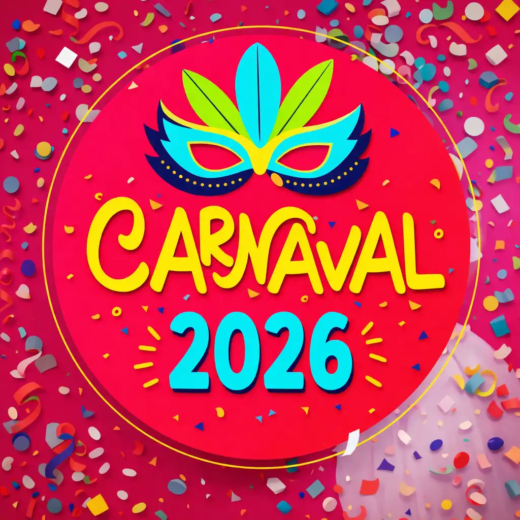 Imagem colorida promocional do Carnaval 2026 com máscara de Carnaval em azul e verde, fundo rosa com confetes variados, destaque para o texto Carnaval 2026.
