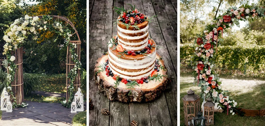 Imagem de decoração para casamento ao ar livre com arco de flores brancas e rosas, bolo de casamento rústico de três camadas com frutas vermelhas, tudo ideal para festa de casamento ao ar livre.