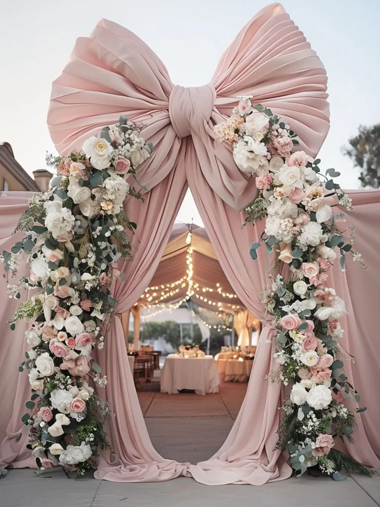 Decoracao de casamento com arco de flores brancas e rosas na frente de tenda com luzes penduradas ao entardecer
