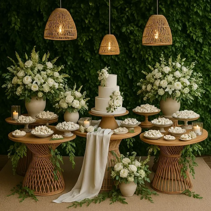 Decoração de casamento com arranjos de flores brancas, bolo de casamento clássico e iluminação suave em ambiente elegante