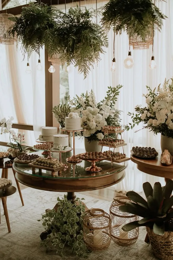 Decoração de festa elegante com flores brancas, sobremesas e iluminação suave, ideal para casamento ou evento sofisticado.