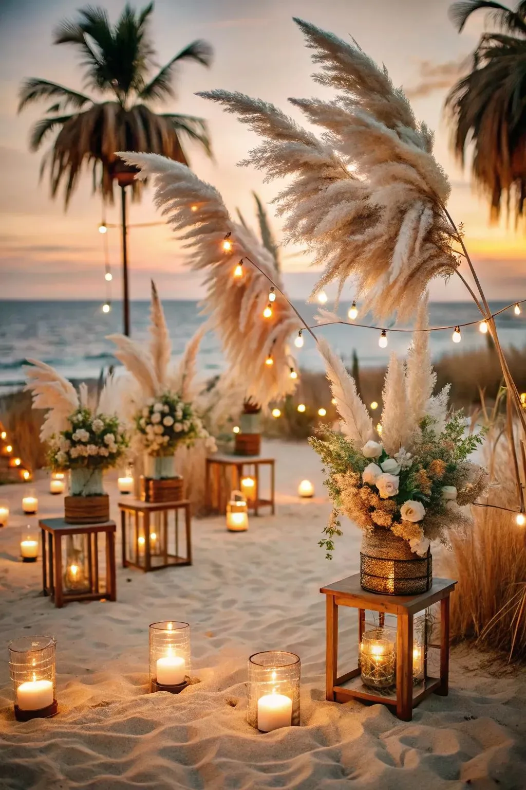 Decoração de praia ao pôr do sol com luzes penduradas, velas e arranjos florais em estilo rústico, ideal para eventos ao ar livre