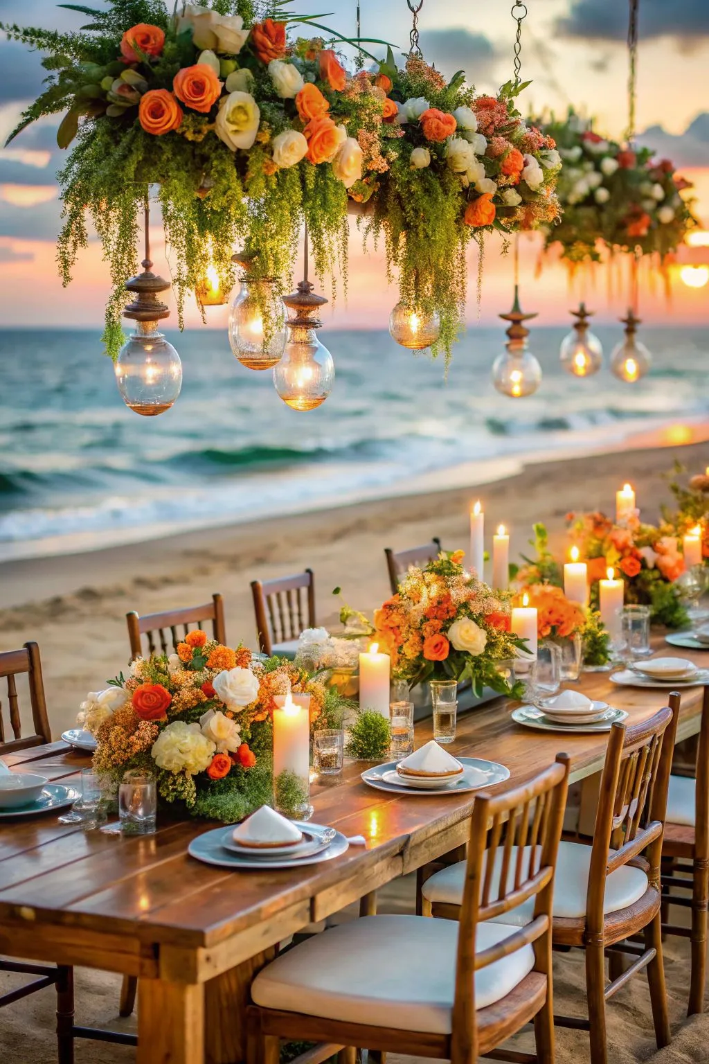 Mesa de casamento ao pôr do sol na praia decorada com flores, velas e iluminação suave, criando um ambiente romântico e sofisticado.