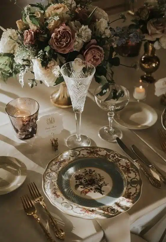 Mesa de jantar decorada com flores, quem utensílios sofisticados, incluindo pratos decorados, taças de cristal e velas, criando um ambiente elegante e acolhedor.