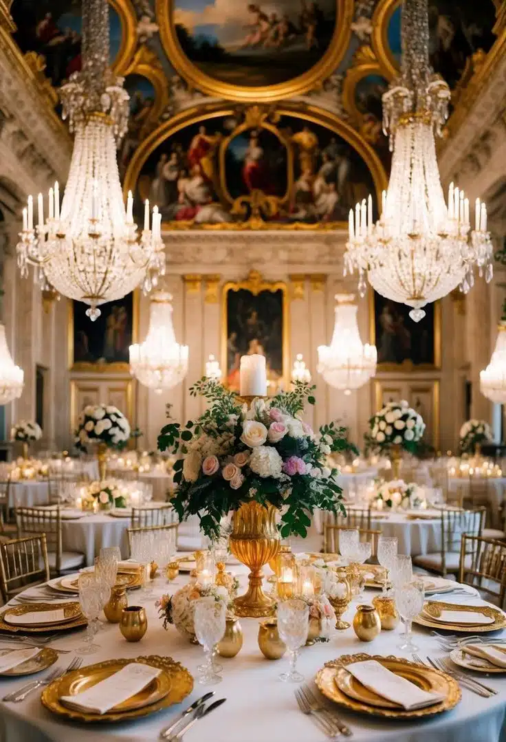Decoração de casamento elegante em salão com lustres de cristal, arranjos florais de rosas e velas, criando ambiente sofisticado e luxuoso.