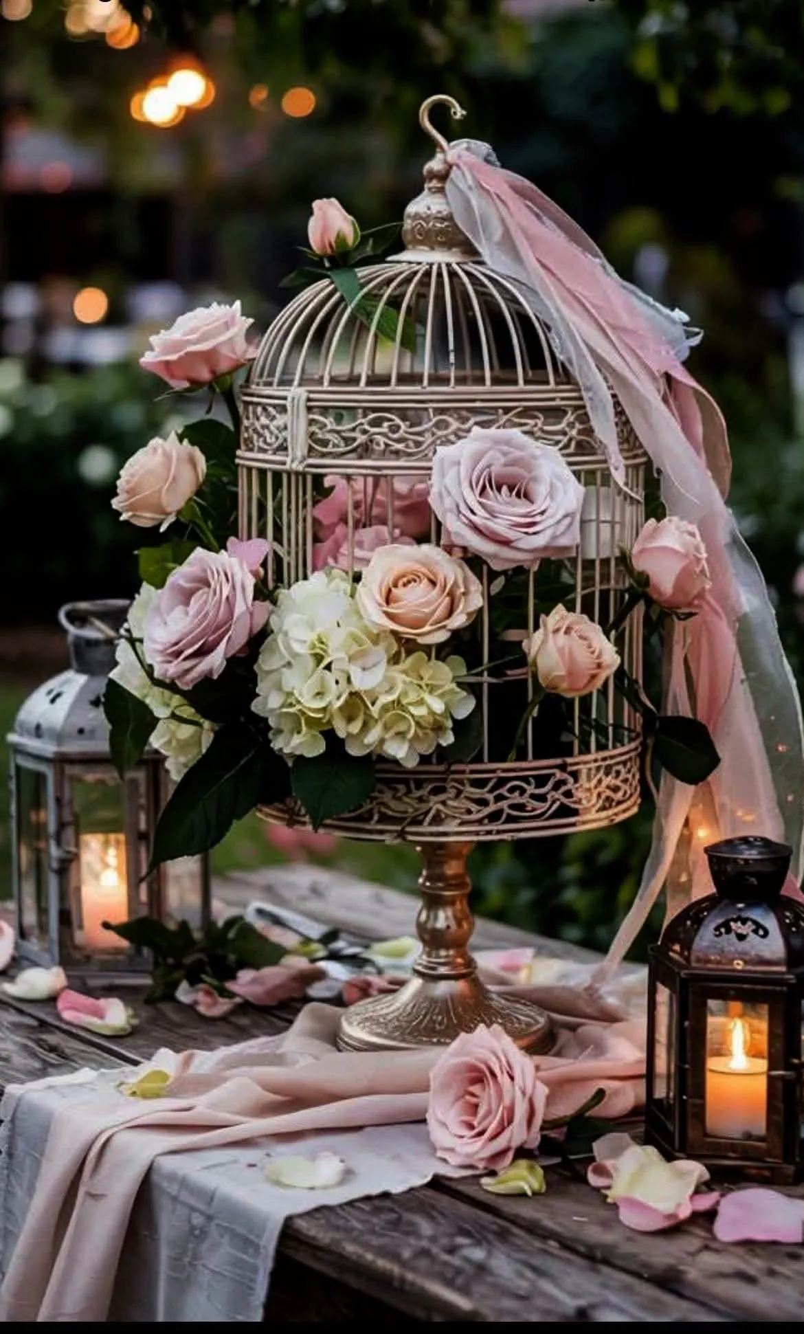 Decoração de jardim com uma gaiola antiga decorada com rosas rosas e brancas, luzes de vela ao redor e cortinas de tecido, perfeito para casamento ou evento romântico.