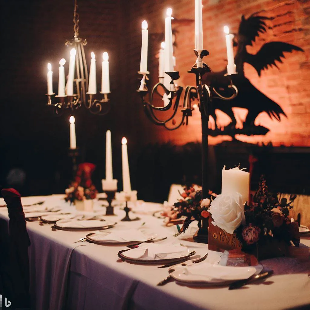 Decoração de jantar com velas acesas, flores e pombos de papel na parede, criando ambiente elegante e romântico para ocasião especial.