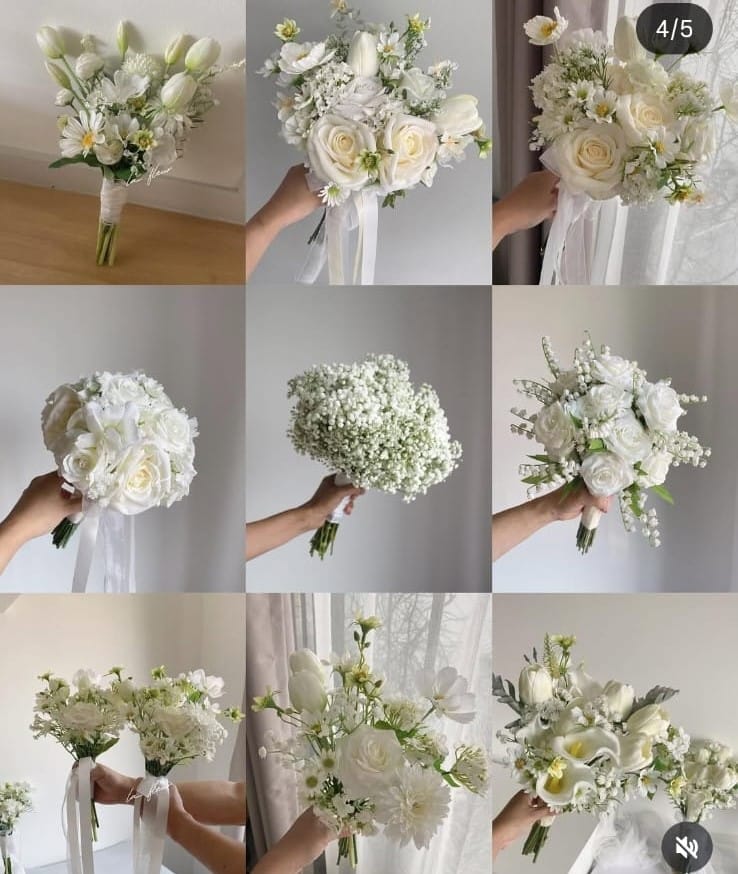 Diferentes buquês de noiva branco: formatos e flores diferentes