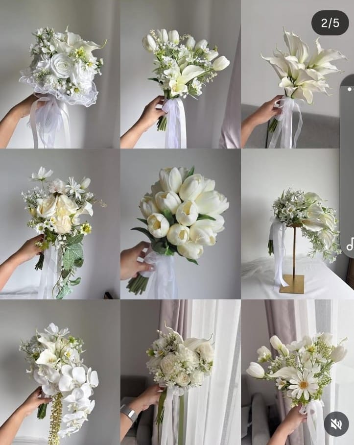 Diferentes buquês de noiva branco: formatos e flores diferentes