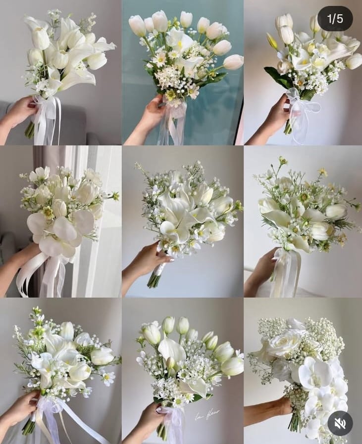 Diferentes buquês de noiva branco: formatos e flores diferentes