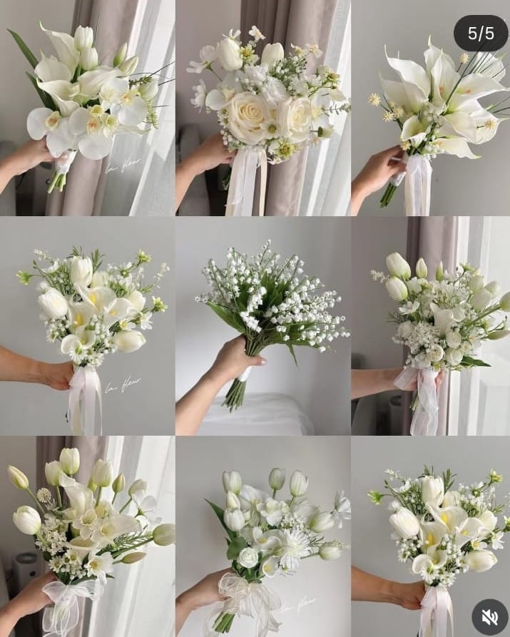 Diferentes buquês de noiva branco: formatos e flores diferentes