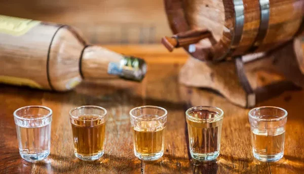 Degustação de cinco diferentes tipos de cachaça em copos de vidro sobre uma mesa de madeira, com barril de cachaça ao fundo.