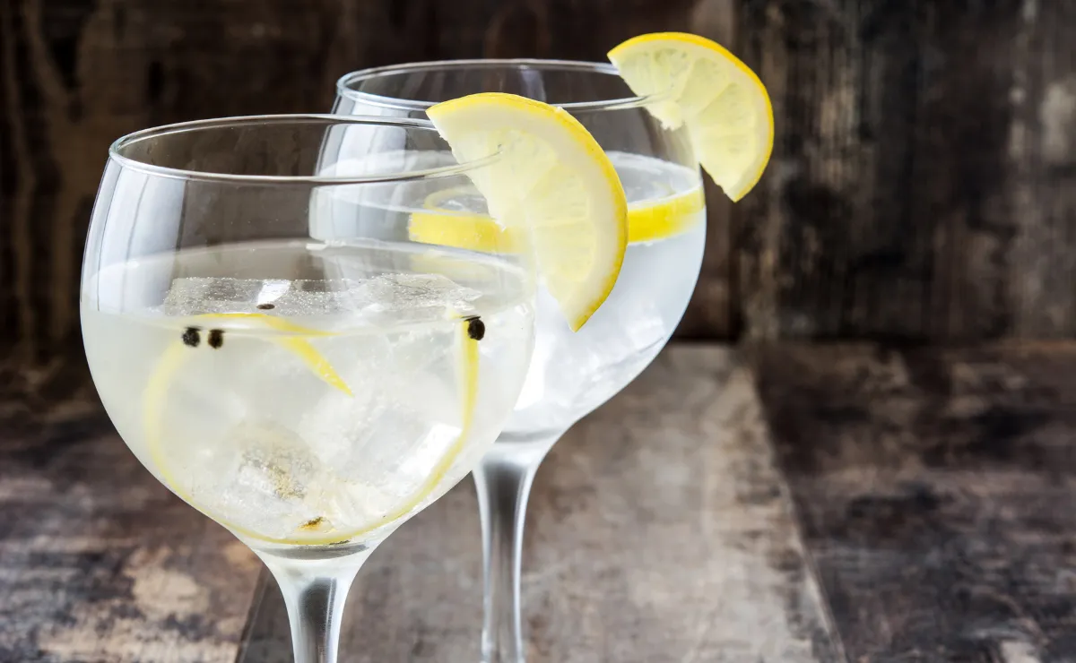 Dois copos de gin tônica com fatias de limão e gelo, decorados com frutas cítricas sobre uma mesa de madeira envelhecida.