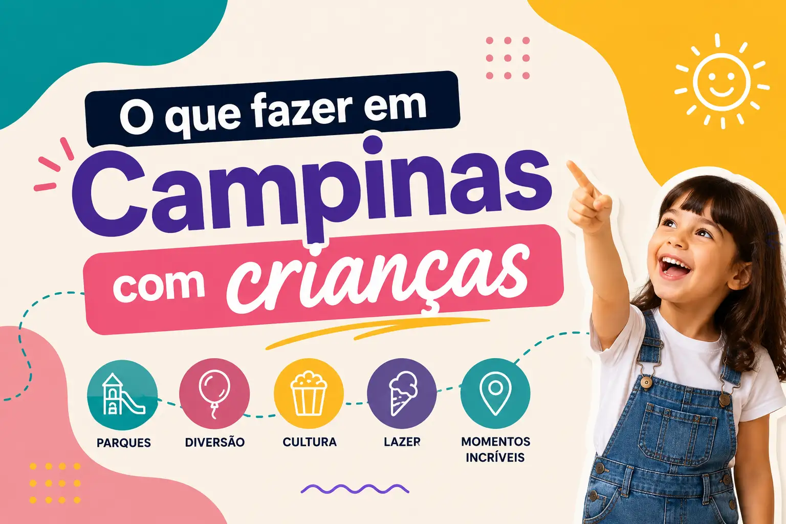 Arte promocional com a frase “O que fazer em Campinas com criancas”, ícones de parques, diversão, cultura, lazer e momentos incríveis, com uma criança apontando e sorrindo.