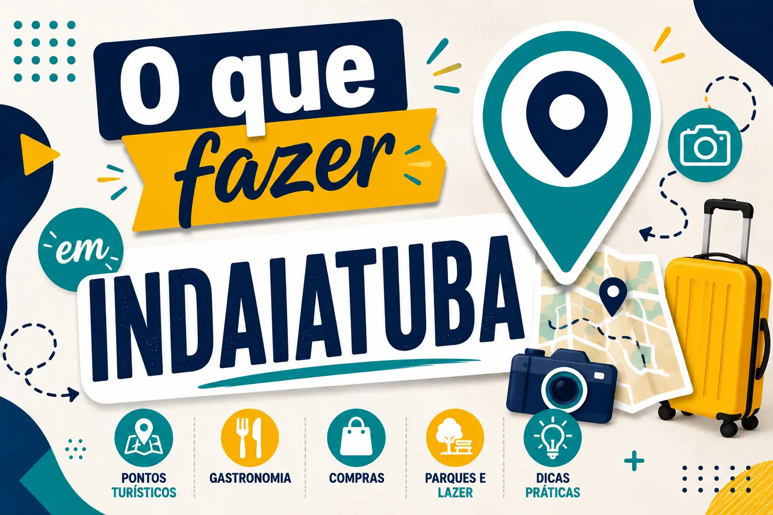 Arte promocional com a frase “O que fazer em INDaiATUBA” e ícones de turismo: mapa, câmera, mala de viagem, culinária, compras, parques e dicas práticas para a cidade de Indaiatuba.