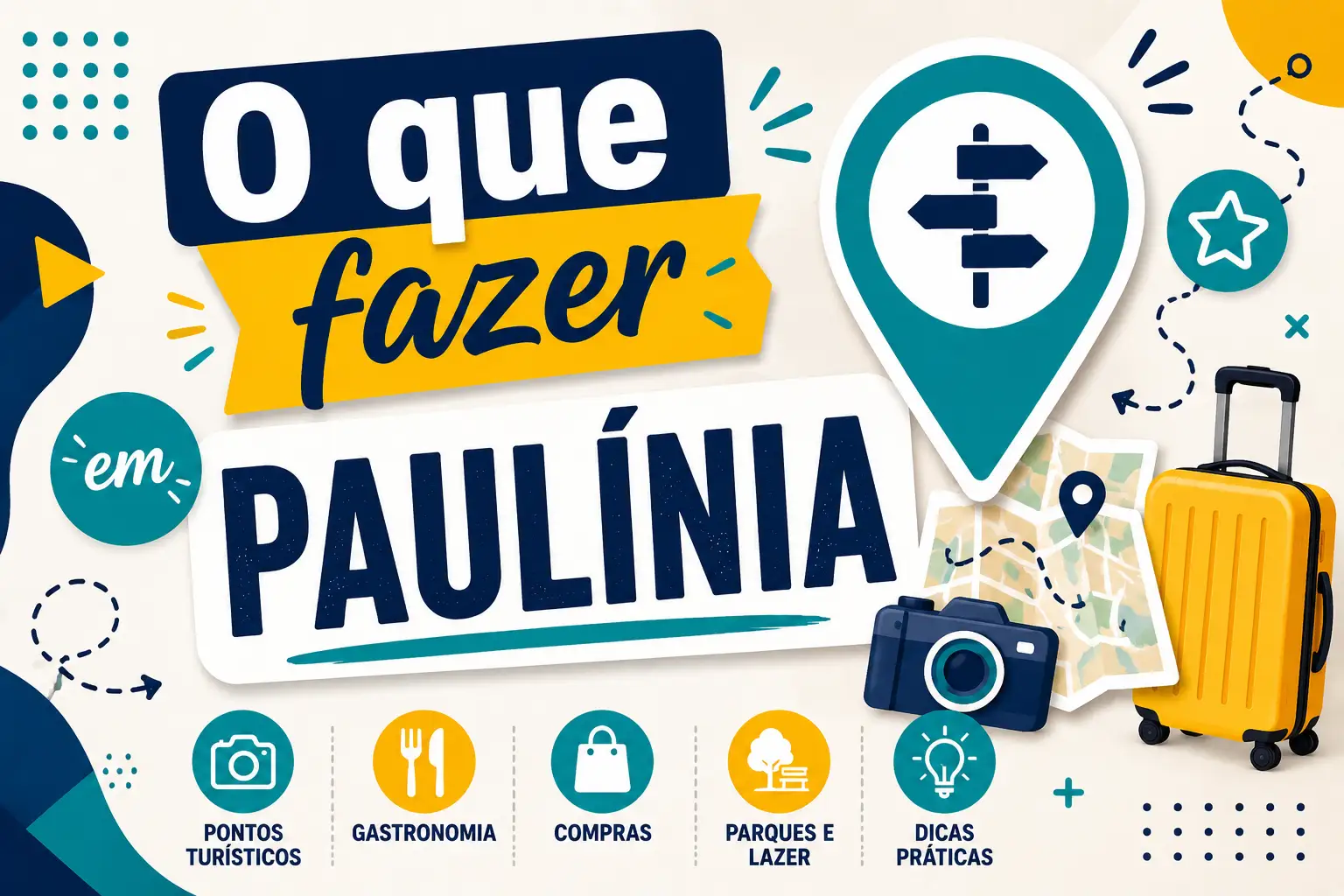 Arte promocional “O que fazer em PAULINIA” com ícones de pontos turísticos, gastronomia, compras, parques e lazer, dicas práticas, câmera, mapa e mala de viagem.