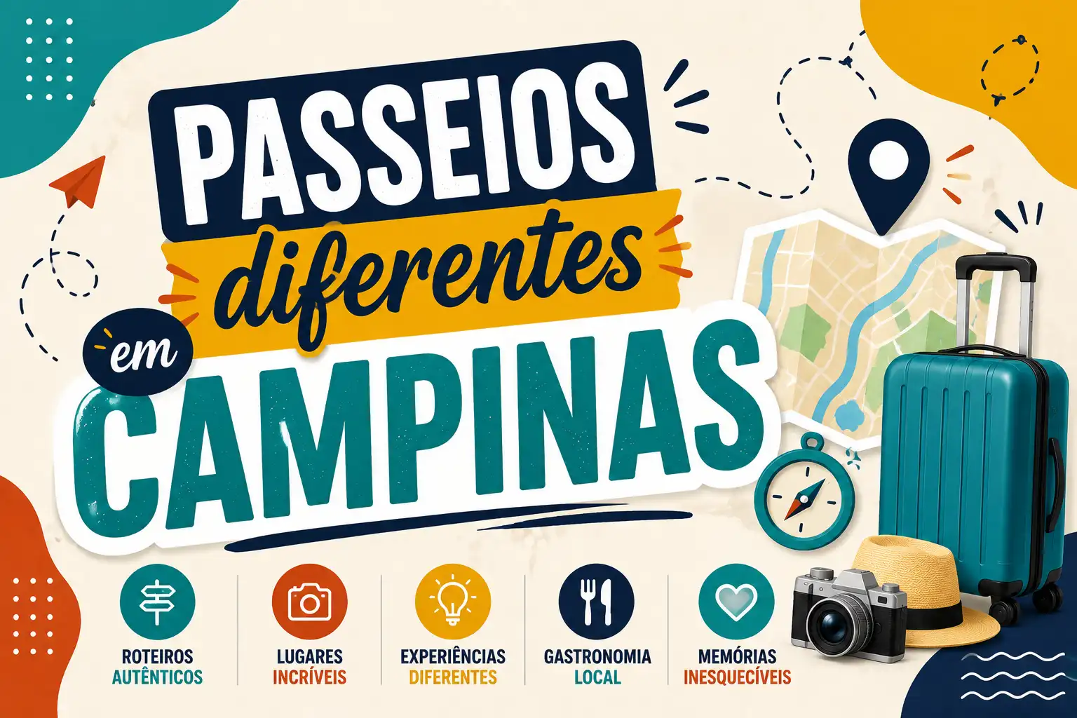 Arte promocional de viagens com o texto “Passeios diferentes em campinas”, destacando experiências locais. Aparecem ícone de mapa, mala de viagem azul, relógio, câmera, chapéu e símbolos de roteiros autênticos, lugares incríveis, gastronomia local, memórias inesquecíveis e experiências diferentes.