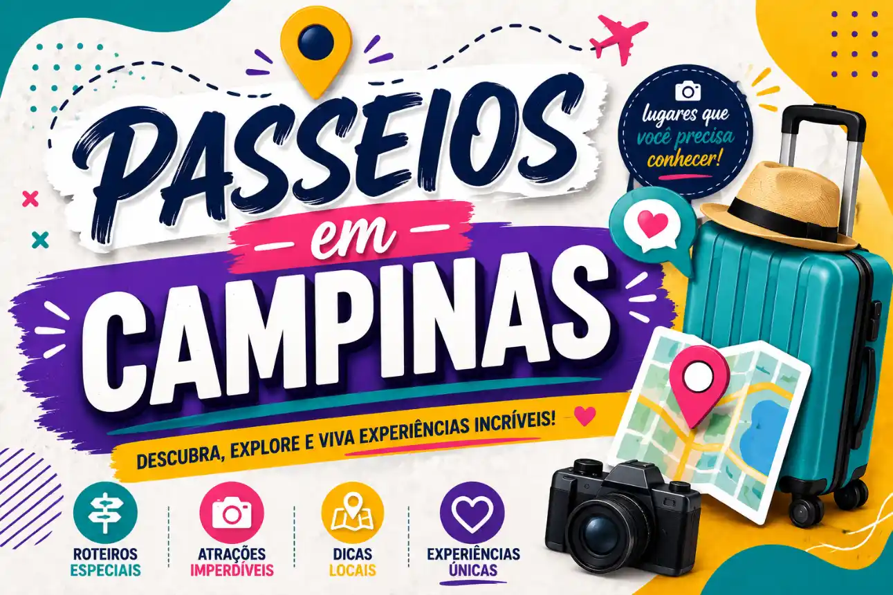 Arte promocional de viagem com o texto “Passeios em Campinas”, ícones de localização, avião e coração, mala azul, câmera e mapa, além de “lugares que você precisa conhecer”.