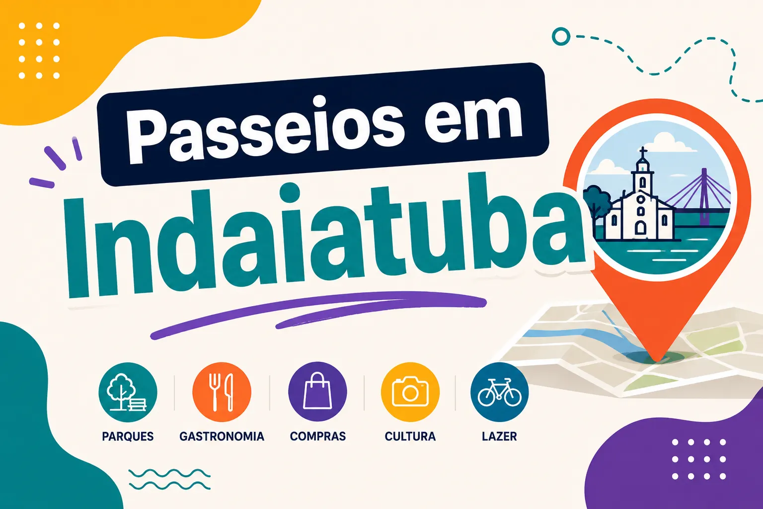 Arte promocional “Passeios em Indaiatuba” com mapa marcado por um pin, ícones de parques, gastronomia, compras, cultura e lazer e elementos gráficos coloridos.