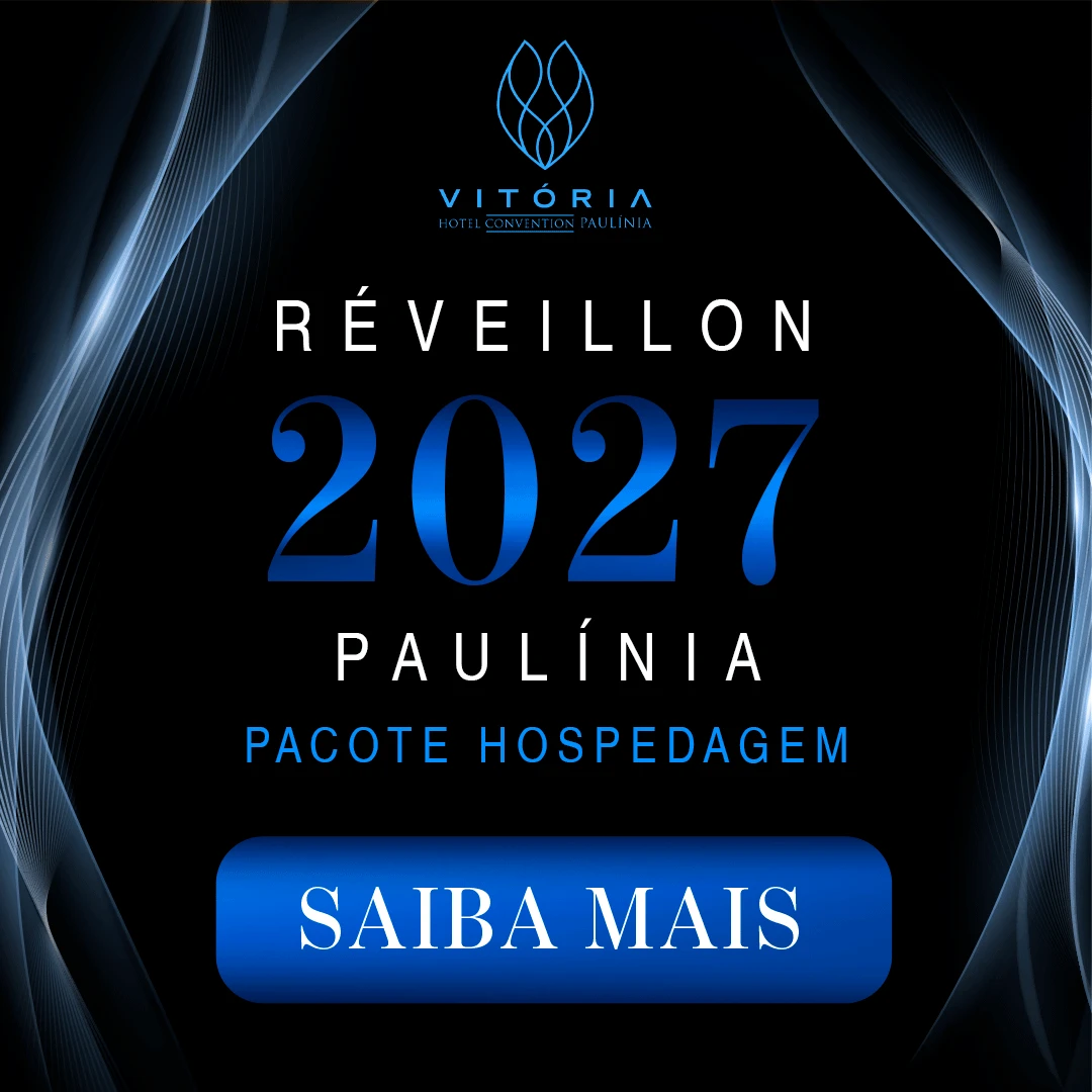 Hotel Terra Ponta Réveillon 2027 Paulínia com mensagem “Saiba Mais”, destaque para “Pacote Hospedagem” em fundo azul e preto.