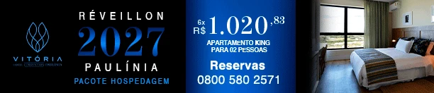 Anúncio imobiliário Vitoria Residence 2027 com apartamento em 1202 m², pacotes hospedagem, telefone e seção de reservas, ao lado de foto de quarto decorado