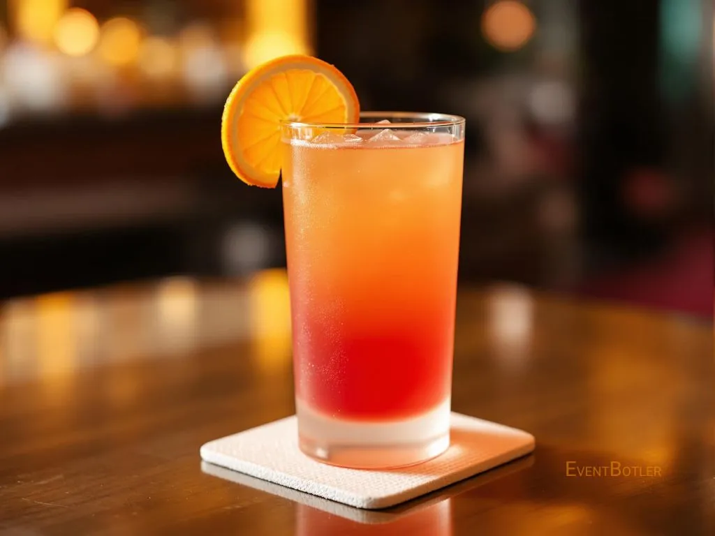 Coquetel colorido com fatia de laranja decorativa sobre um dado branco em ambiente de bar ou restaurante