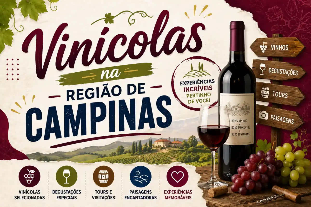 Arte promocional do evento Vinícolas na Região de Campinas, com garrafa de vinho tinto, taça, uvas, letreiros de degustações, tours e experiências, e paisagem rural.