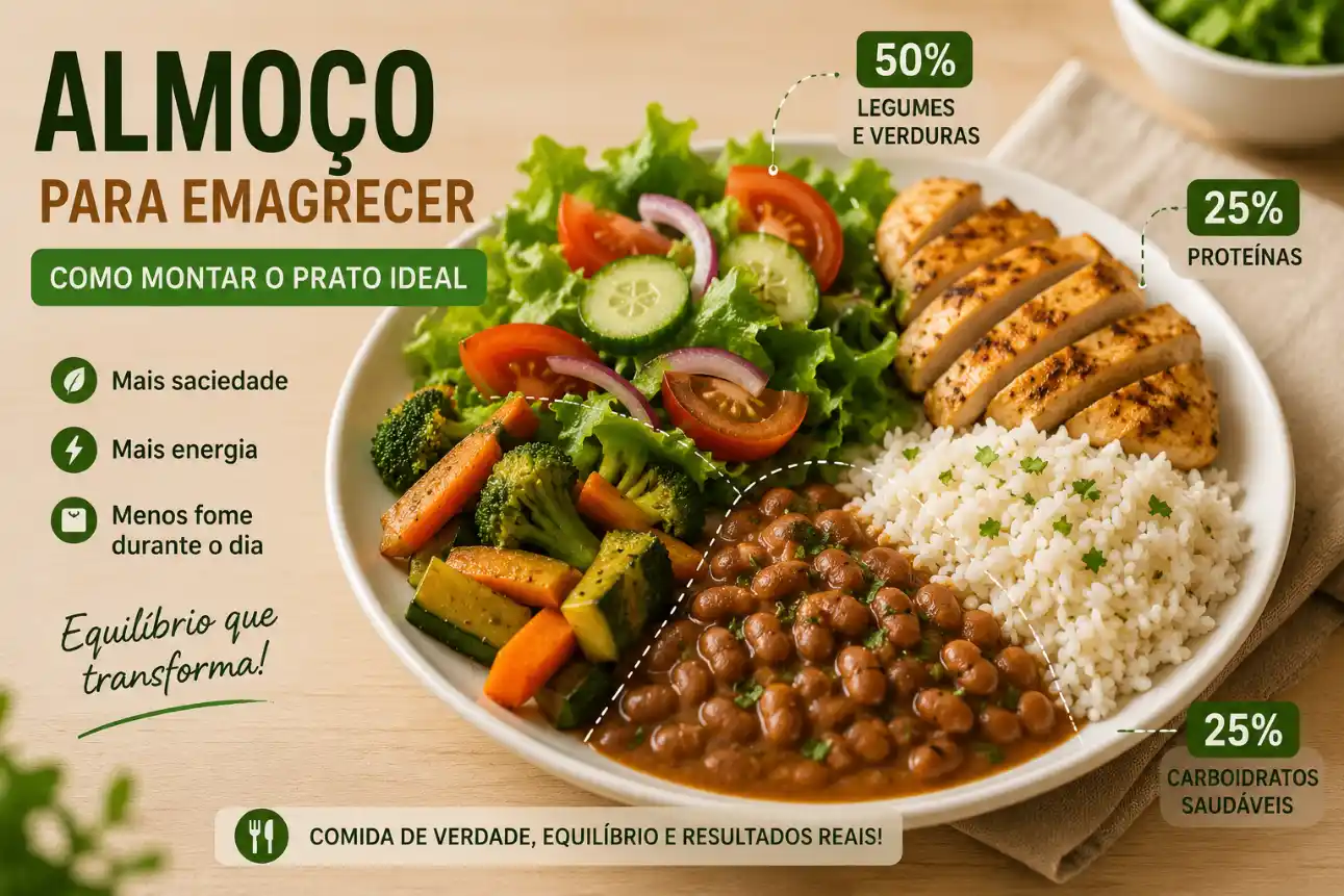 Cartaz de alimentação saudável mostrando um prato com legumes variados, porção de grãos como arroz e feijão, além de proteína com peito/filé grelhado, com indicações de 50% legumes e 25% proteínas e carboidratos saudáveis.
