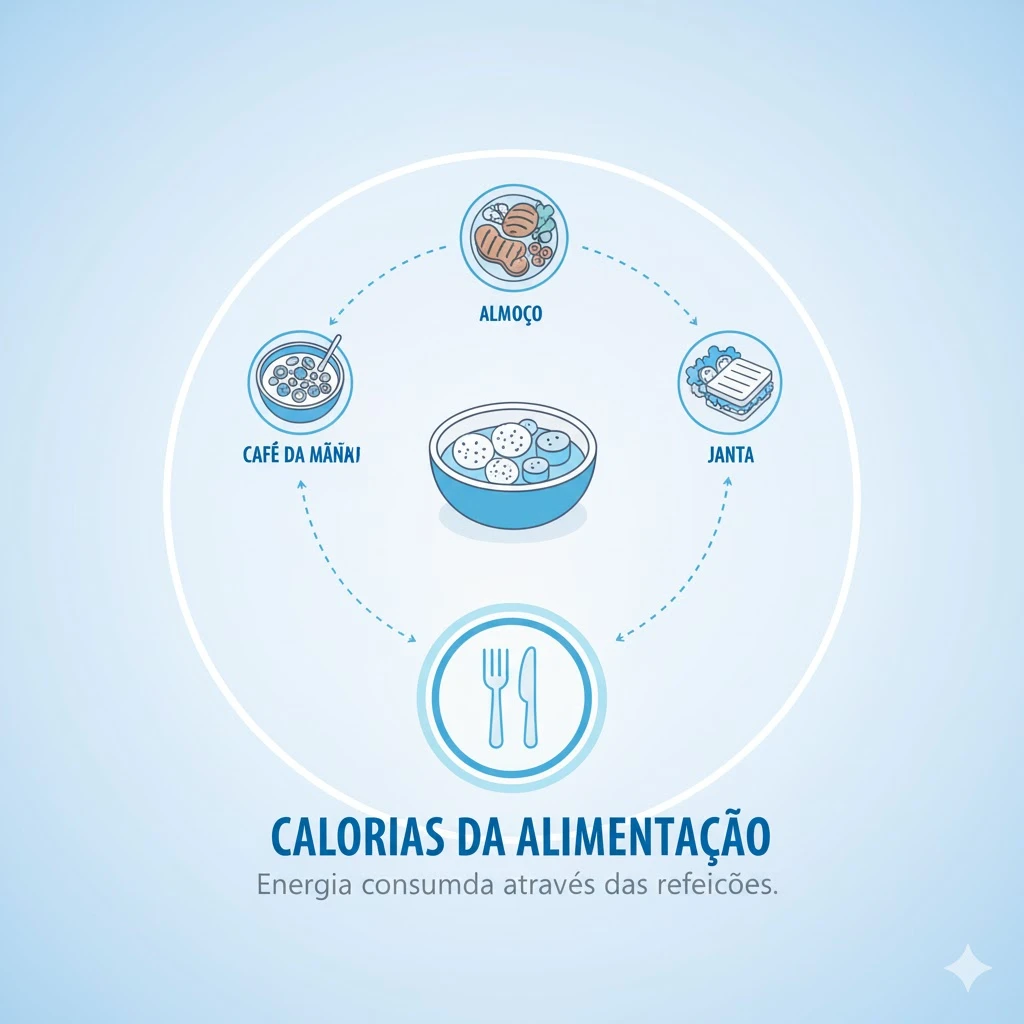 Ilustração sobre as calorias da alimentação, incluindo horário do café da manhã, almoço, jantar e a importância da energia consumida durante as refeições.