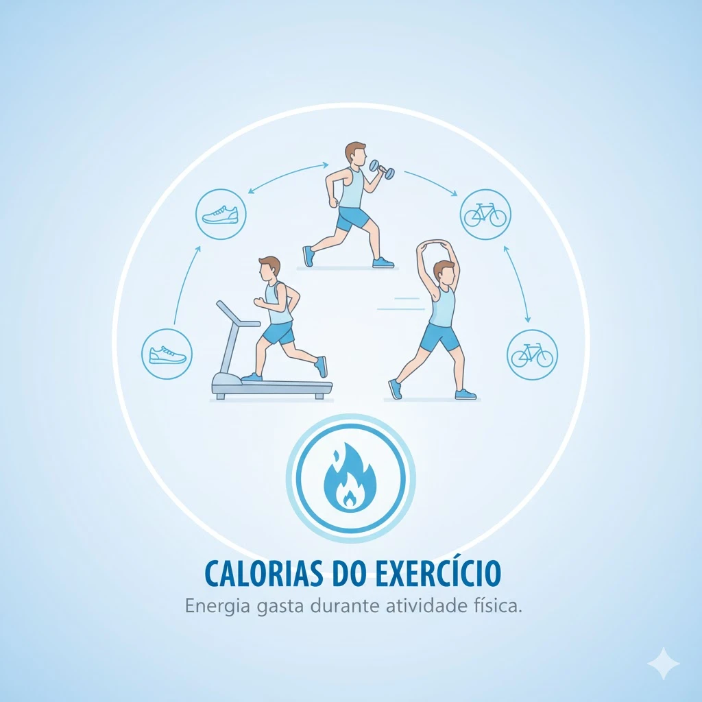 Imagem ilustrativa de exercícios como corrida, caminhada, corrida na esteira, bike eAlongamento, mostrando calorias queimadas durante a atividade física.