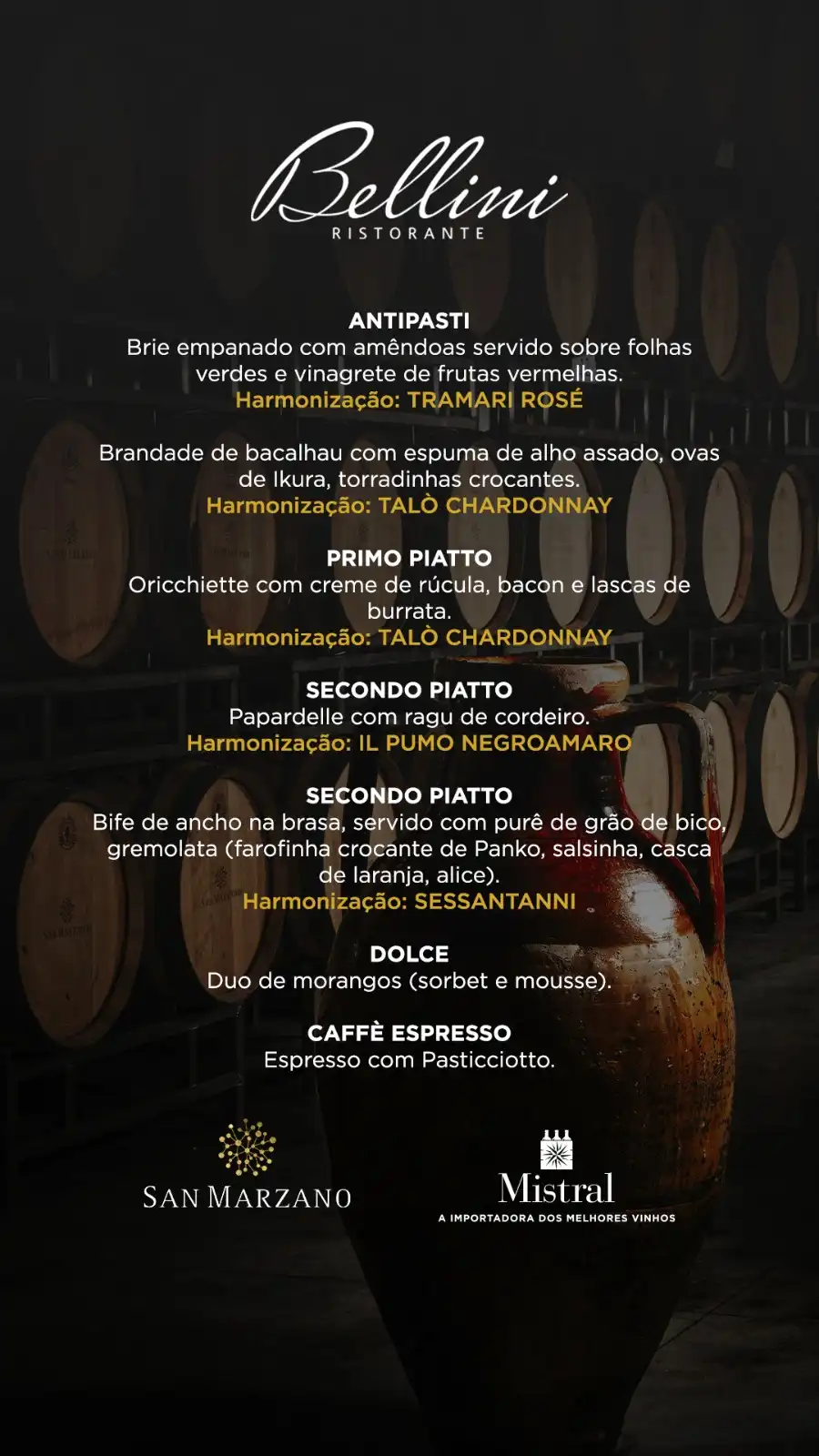 Cardápio de um restaurante italiano chamado Bellini, com opções de pratos como antipasti, primo, secondo e sobremesas, acompanhado por harmonizações de vinhos.