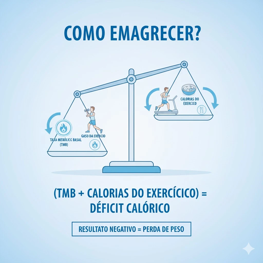 Infográfico explicando como emagrecer, mostrando uma balança com TMB e calorias do exercício de um lado e calorias do exercício do outro. Destaca a relação entre déficit calórico e perda de peso.