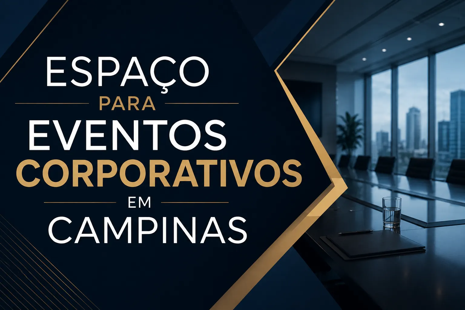 Imagem de divulgação com texto “Espaço para eventos corporativos em Campinas” sobre um ambiente corporativo moderno, com mesa de reunião, copo com água e vista de prédios ao fundo.