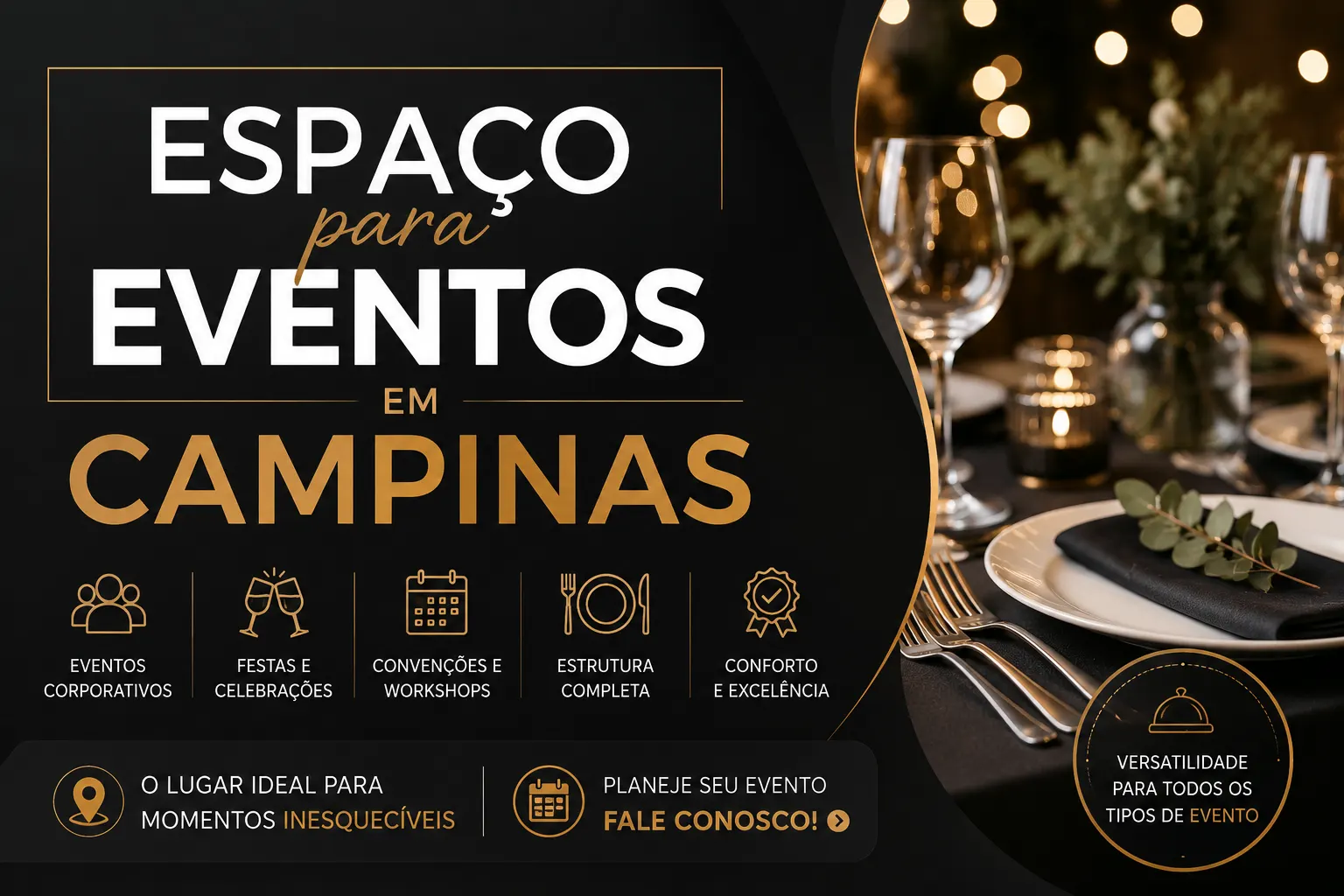 Imagem promocional para eventos em Campinas: destaque para o texto “Espaço para Eventos em Campinas” com ícones de serviços, call to action “Fale Conosco” e foto de mesa posta em celebração com taças e luzes ao fundo.